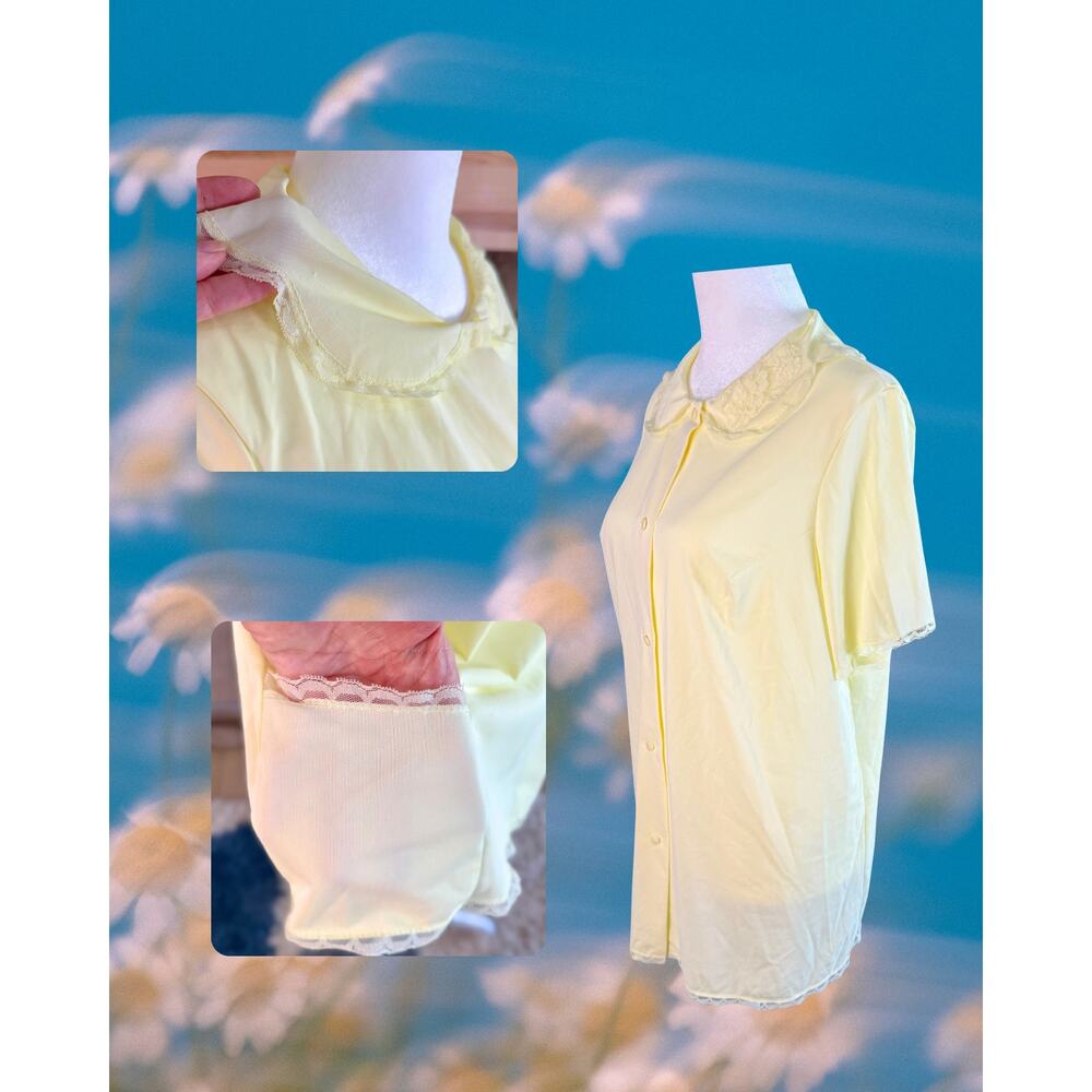VTG 70s Shadowline Nylon Tricot Coquette Sleep Shirt Butter Yellow Lace Collar M - Picture 3 of 4